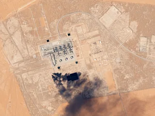 Aerial satellite view of Saudi Arabia Khurais oil processing facility with crude separation infrastructure