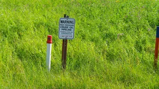 Pembina Pipeline high pressure crude oil pipeline marker sign in Alberta Canada oilfield country