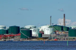 Aerial view of Neste Oil Porvoo refinery in Finland showing distillation columns and storage tanks