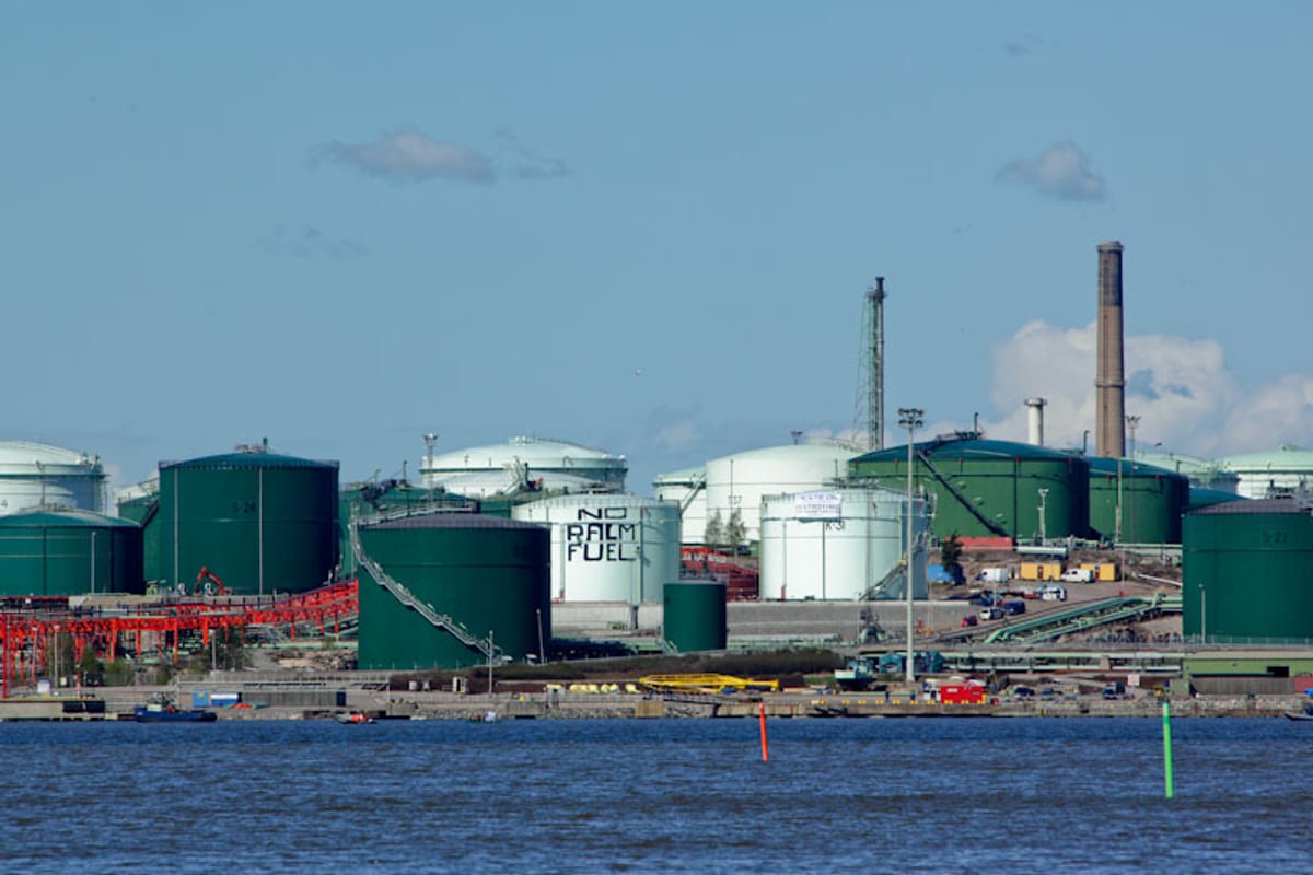 Aerial view of Neste Oil Porvoo refinery in Finland showing distillation columns and storage tanks