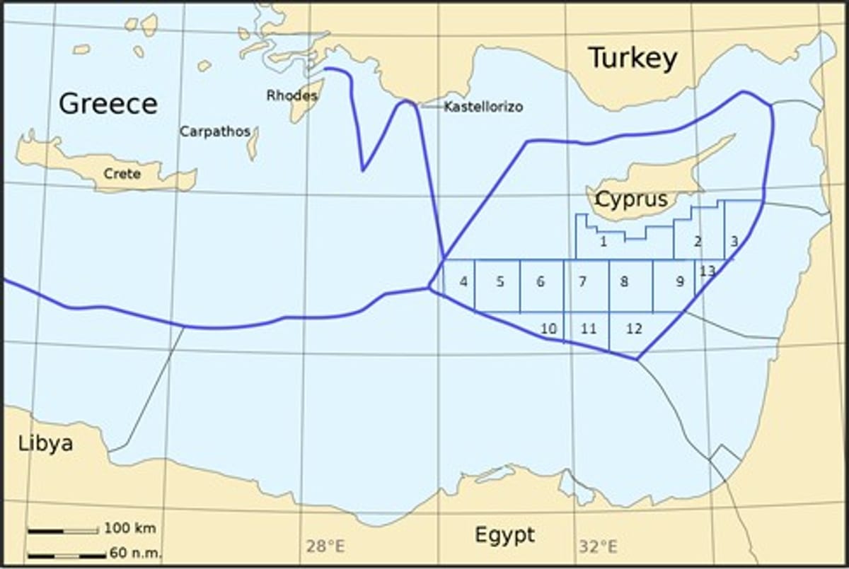 Cyprus offshore exclusive economic zone concession blocks map showing gas exploration areas
