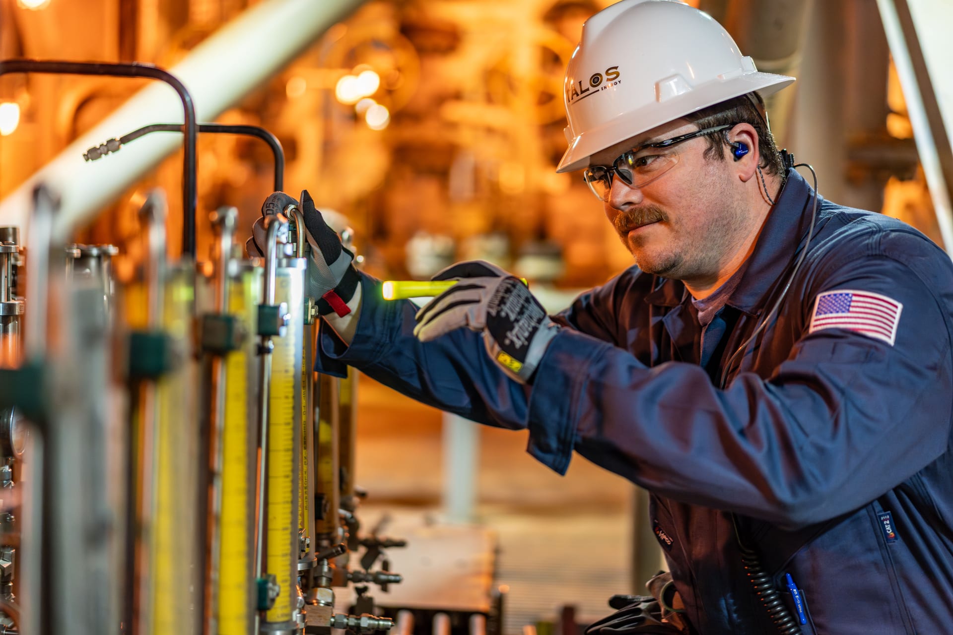Night shift personnel on Talos Energy's Brutus platform in Gulf of America