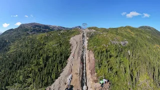 Aerial view of Coastal GasLink pipeline construction through northern British Columbia wilderness