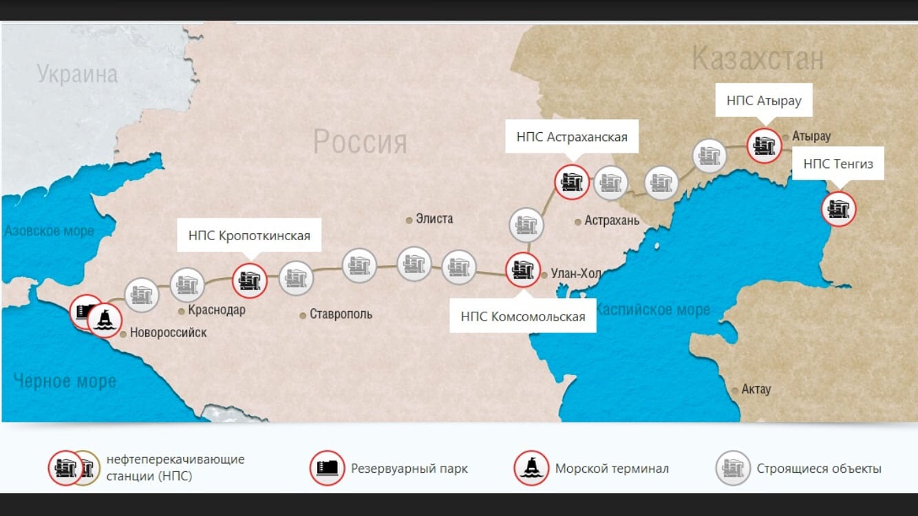 Map of Caspian Pipeline Consortium route from Kazakhstan Tengiz to Black Sea Novorossiysk
