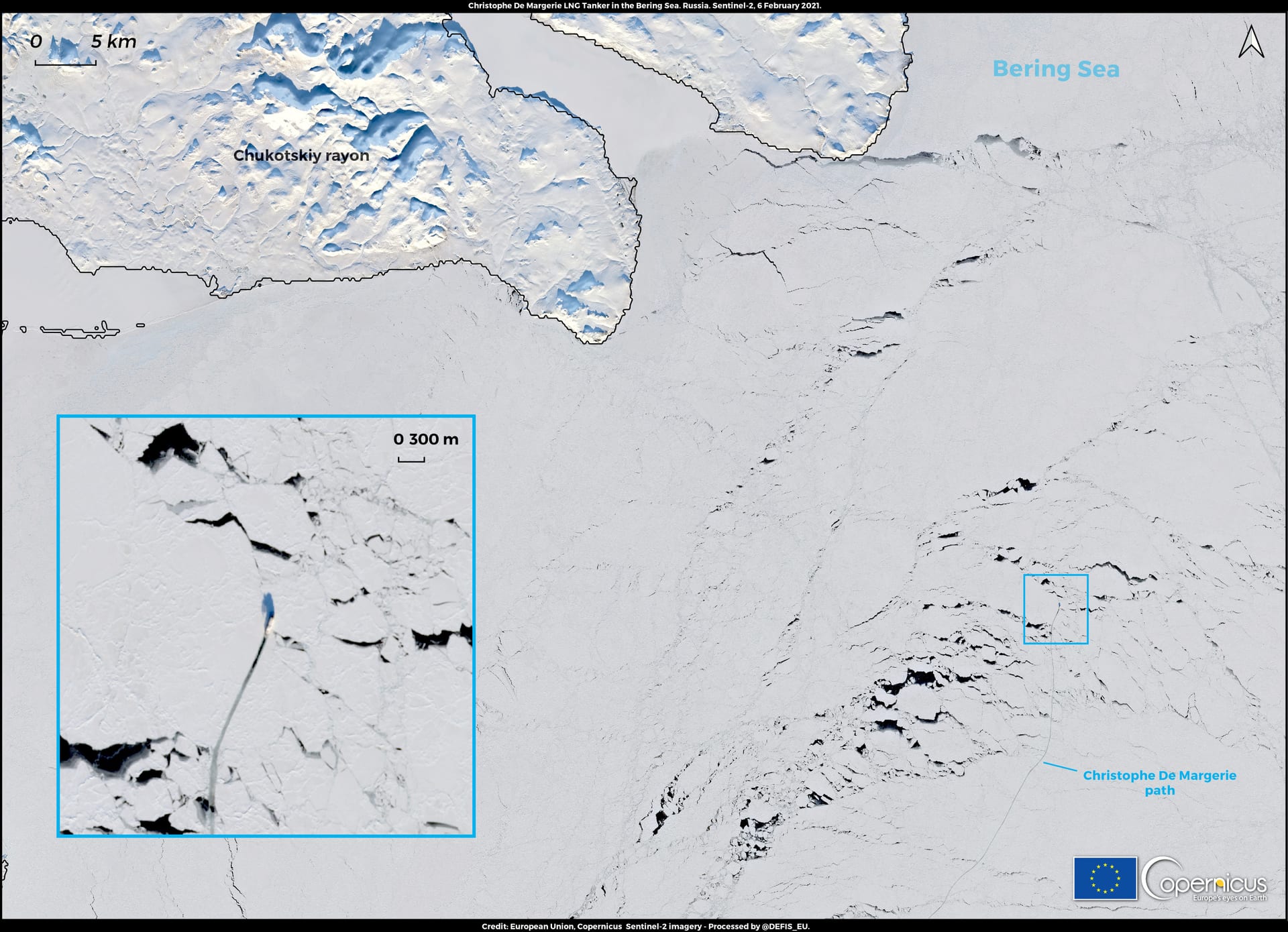 Russian icebreaking LNG carrier crossing the Arctic route through the Bering Strait