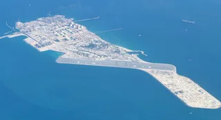 Aerial view of Das Island oil and gas processing hub in the Persian Gulf, Abu Dhabi UAE