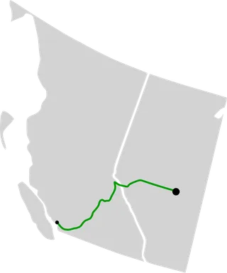 Map of the Trans Mountain Pipeline route from Edmonton Alberta to Burnaby British Columbia