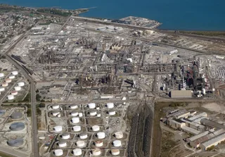 Aerial view of BP Whiting Refinery in Indiana showing petroleum processing units and storage tanks