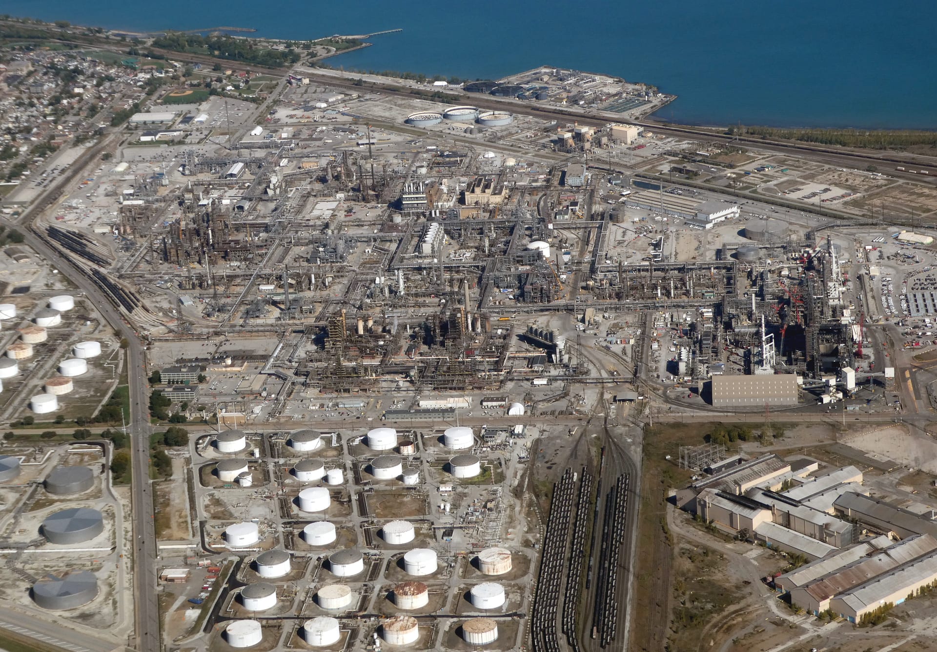 Aerial view of BP Whiting Refinery in Indiana showing petroleum processing units and storage tanks
