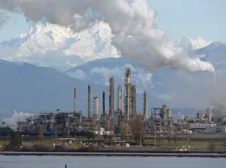 Aerial view of the Anacortes petroleum refinery in Washington State showing distillation columns and storage tanks