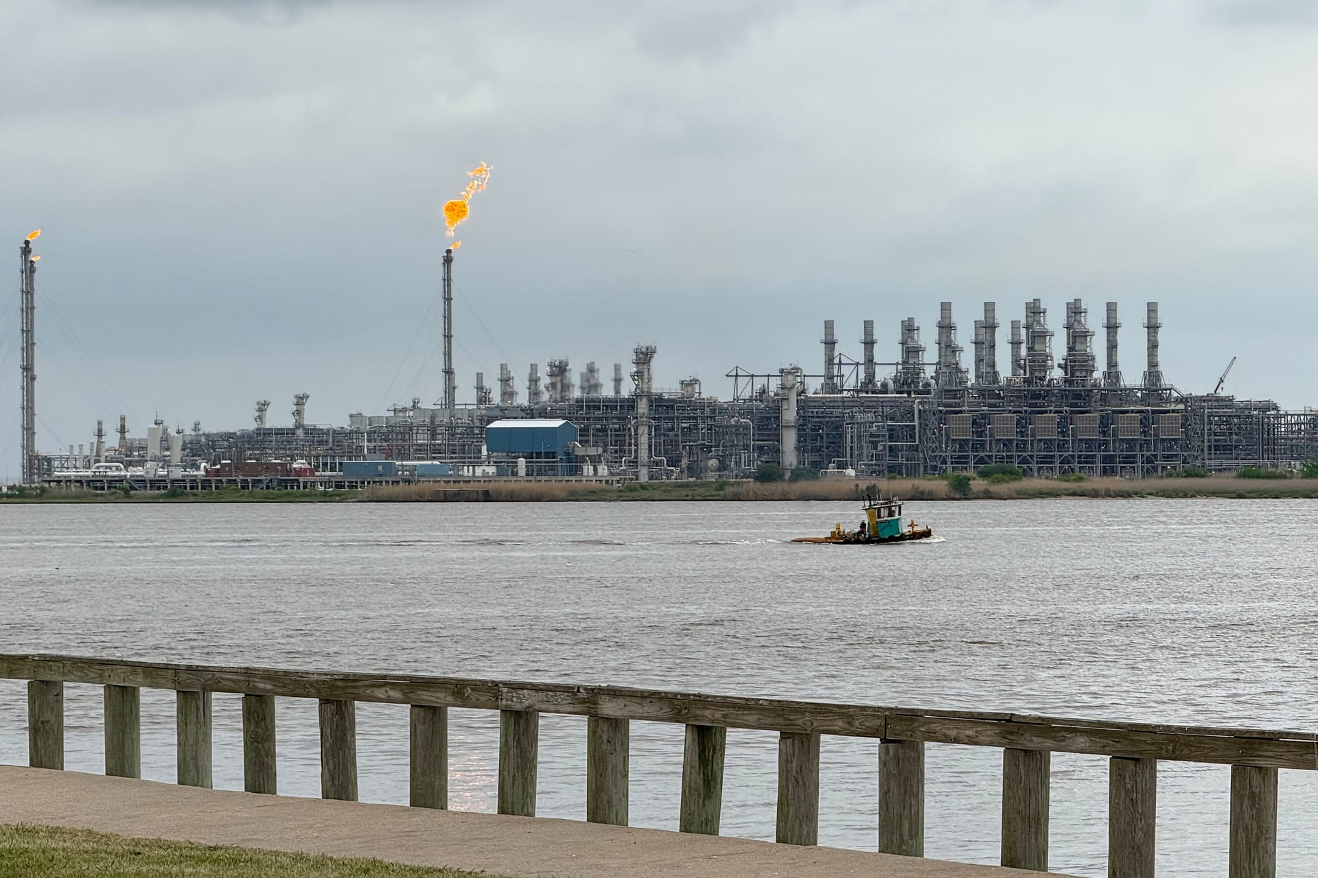 Cheniere Sabine Pass LNG liquefaction terminal in Cameron Parish Louisiana showing storage tanks and export berths