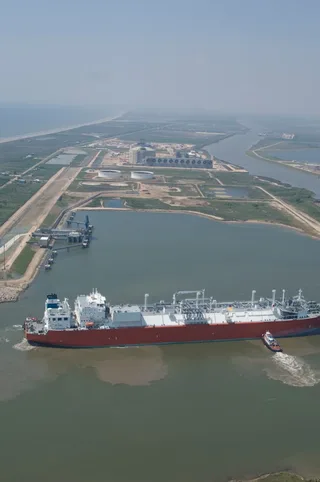 LNG carrier Excalibur docked at the Freeport LNG terminal on the Gulf Coast of Texas