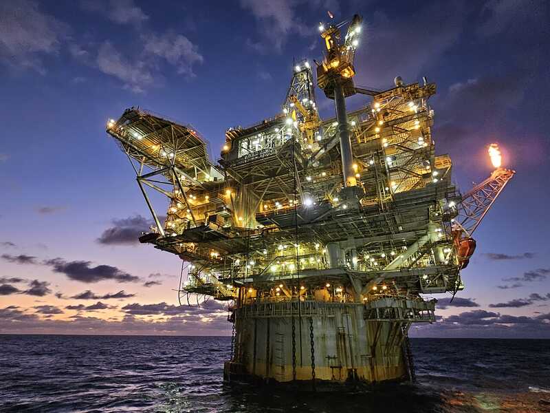 US offshore oil platform in the Gulf of Mexico at dusk
