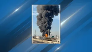 Smoke and fire rise from the Valero Port Arthur refinery following an explosion on March 23, 2026