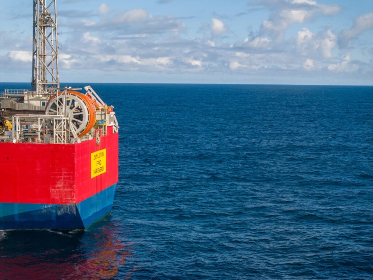 Drone aerial view of Jotun FPSO vessel at the Balder hub operations area in the Norwegian North Sea