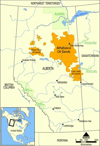 Map showing Athabasca Cold Lake and Peace River oil sands deposits across Alberta Canada
