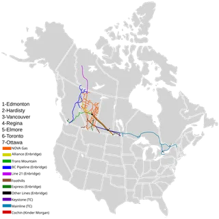 Map of Alberta federally regulated pipelines with Trans Mountain shown in green across western Canada