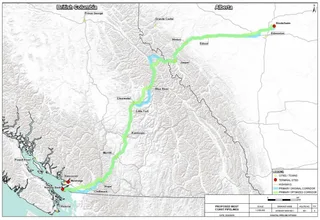 Government of Alberta map showing the West Coast Oil Pipeline's original and optimized corridors from Bruderheim, Alberta to the Roberts Bank terminal near Vancouver, BC