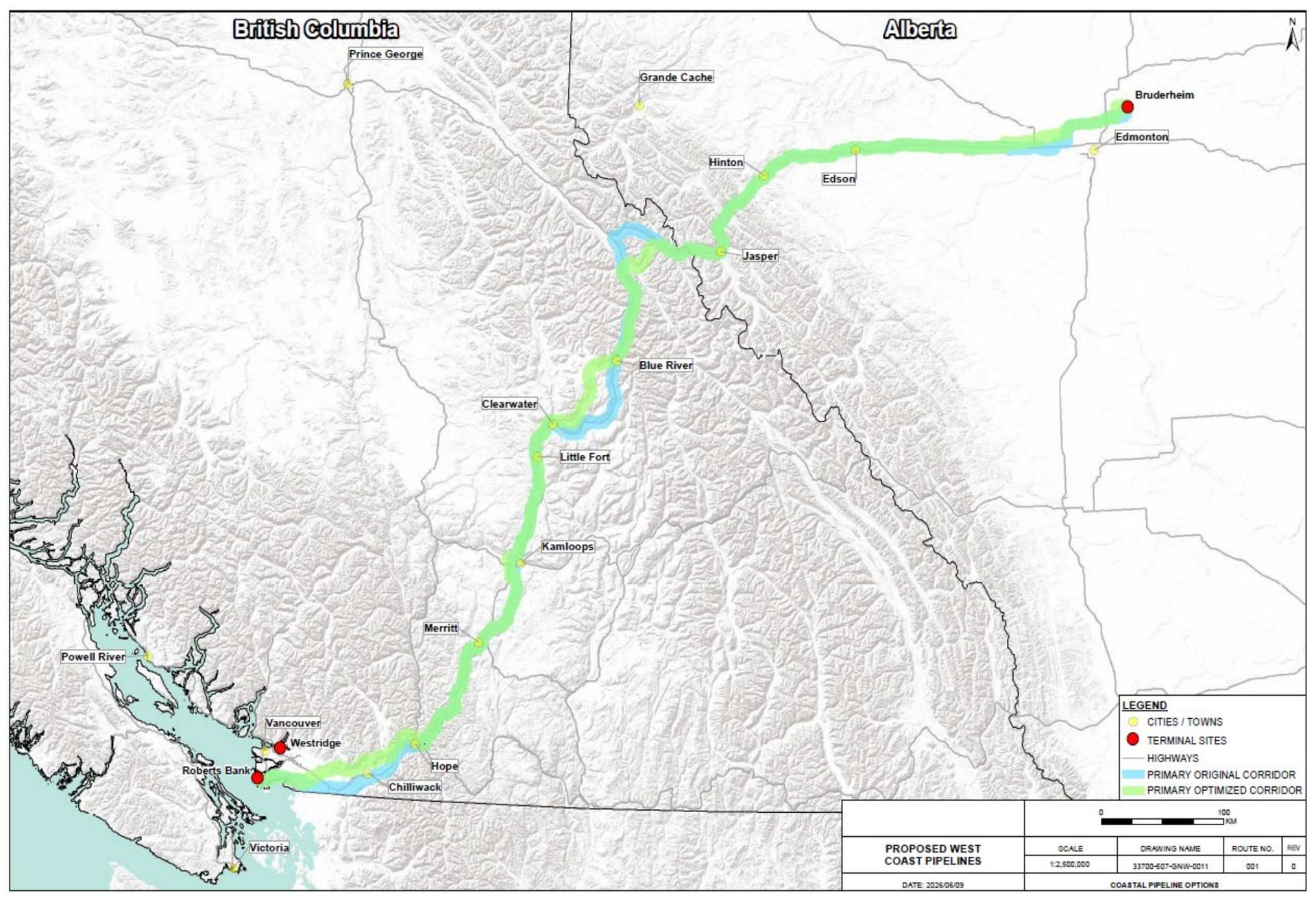 Government of Alberta map showing the West Coast Oil Pipeline's original and optimized corridors from Bruderheim, Alberta to the Roberts Bank terminal near Vancouver, BC