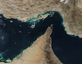 Satellite view of the Strait of Hormuz waterway between Oman and Iran